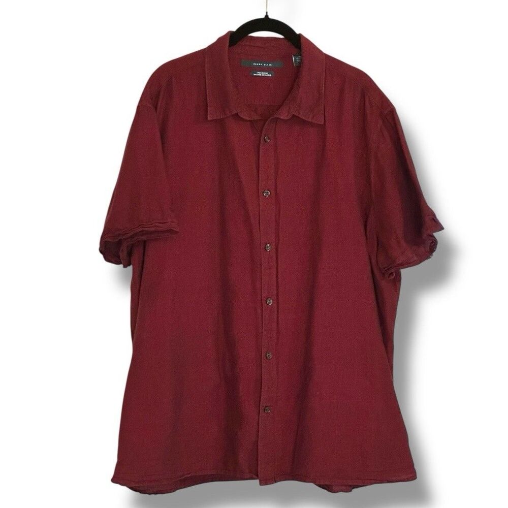 Perry Ellis Men’s Linen Blend Short Sleeve Button Up Shirt Maroon XXL